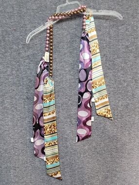 Patterned Silk Scarfs Necklace with Bead Detail - Purple & Aqua